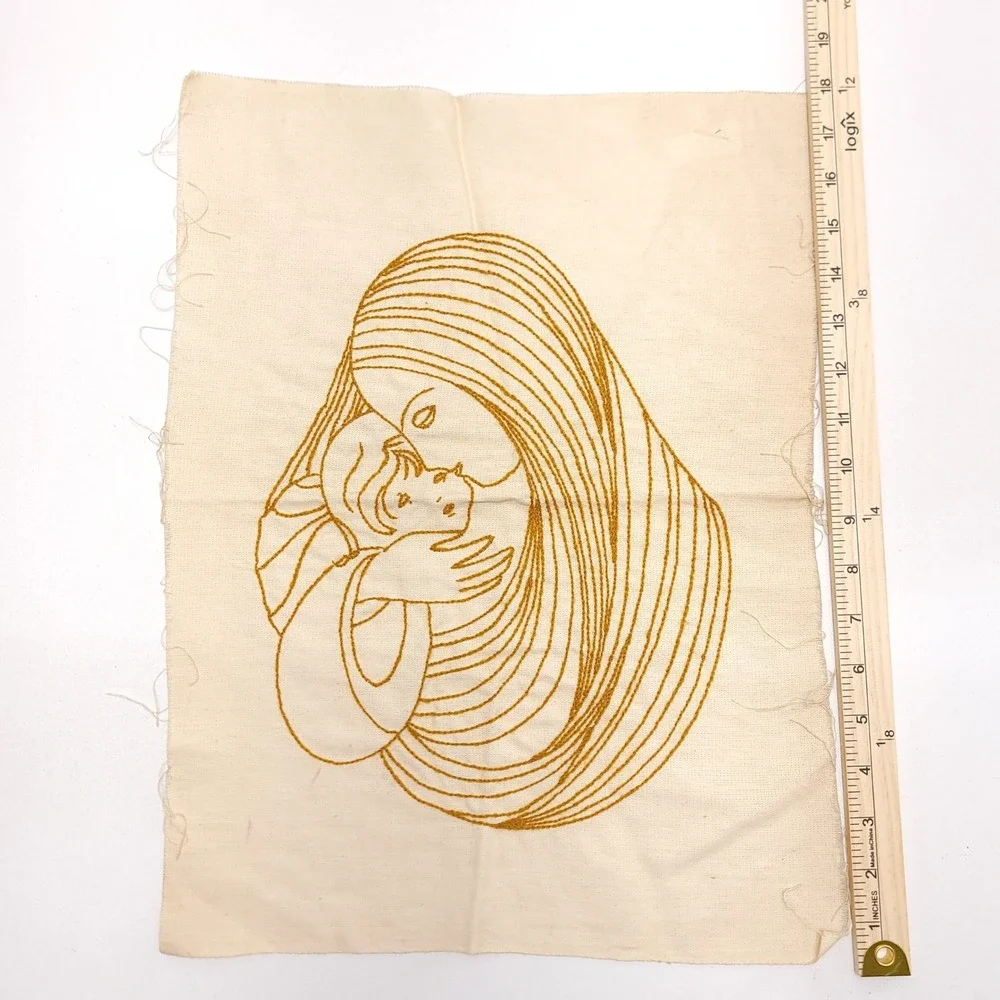 Vintage Mother and Child Hand‎ Embroidered Textile Art Gold Thread MCM 13x18